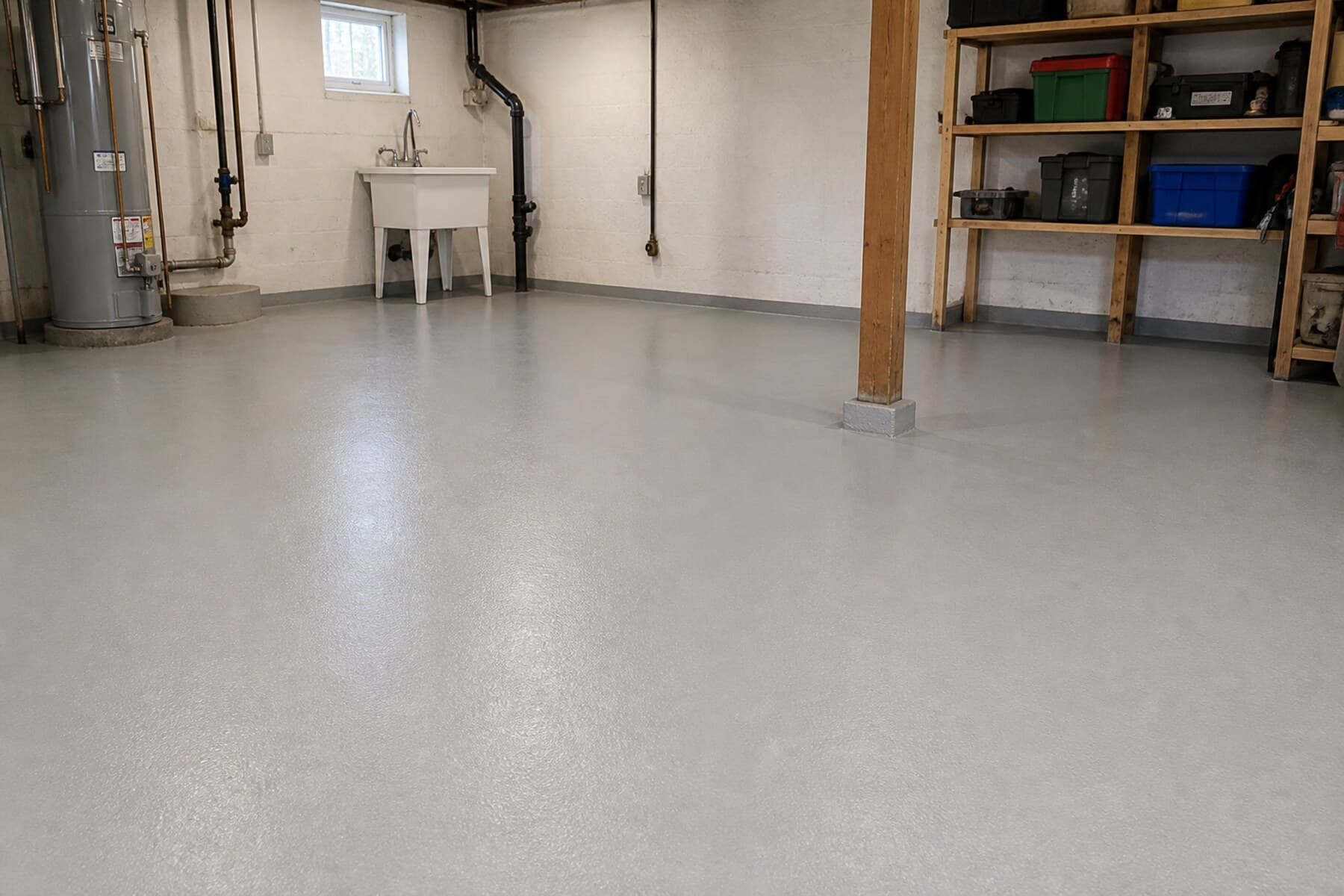 Light gray concrete floor coating in a practical utility room Light gray concrete floor coating in a practical utility room
