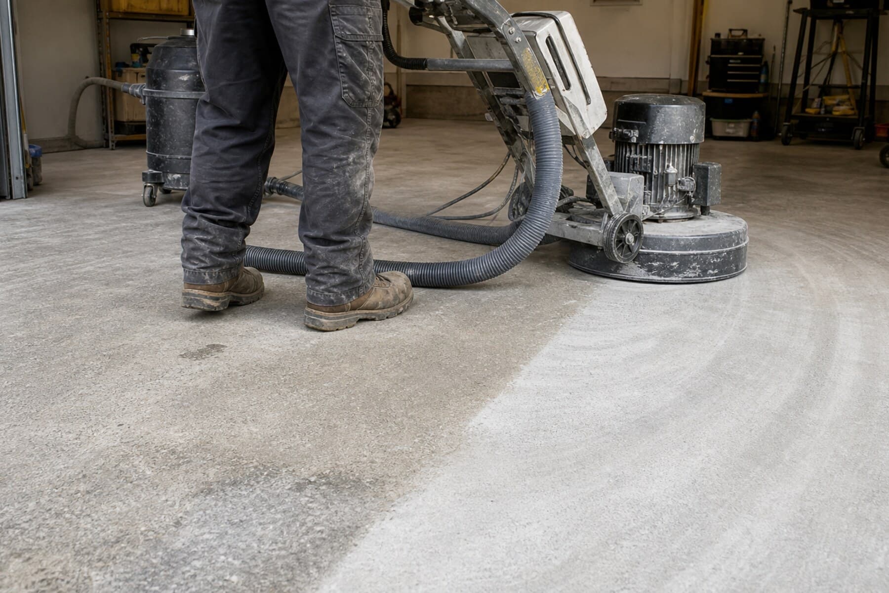 Diamond grinder and dust-control vacuum preparing concrete before coating Diamond grinder and dust-control vacuum preparing concrete before coating