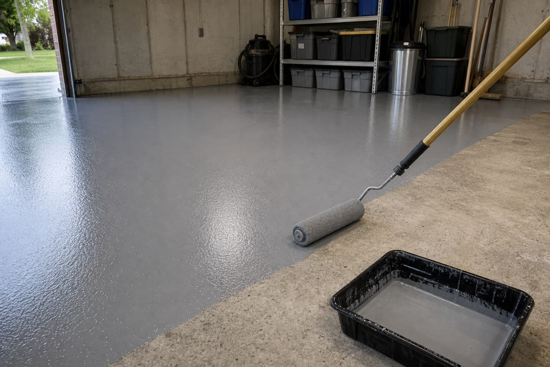 Clean attached garage with gray flake epoxy garage floor in Iowa City Clean attached garage with gray flake epoxy garage floor in Iowa City