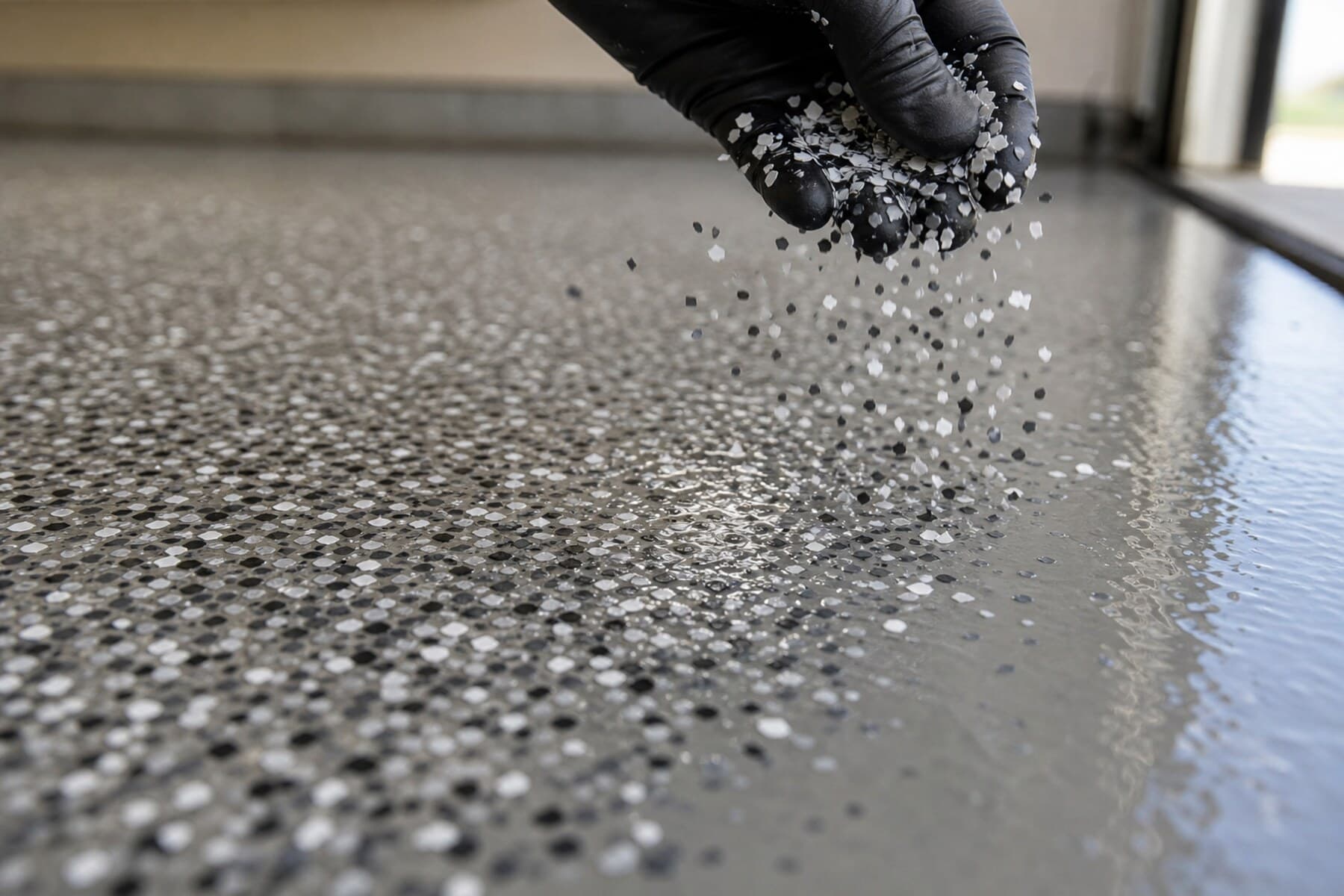 Decorative flakes being broadcast into a wet garage floor coating base coat Decorative flakes being broadcast into a wet garage floor coating base coat