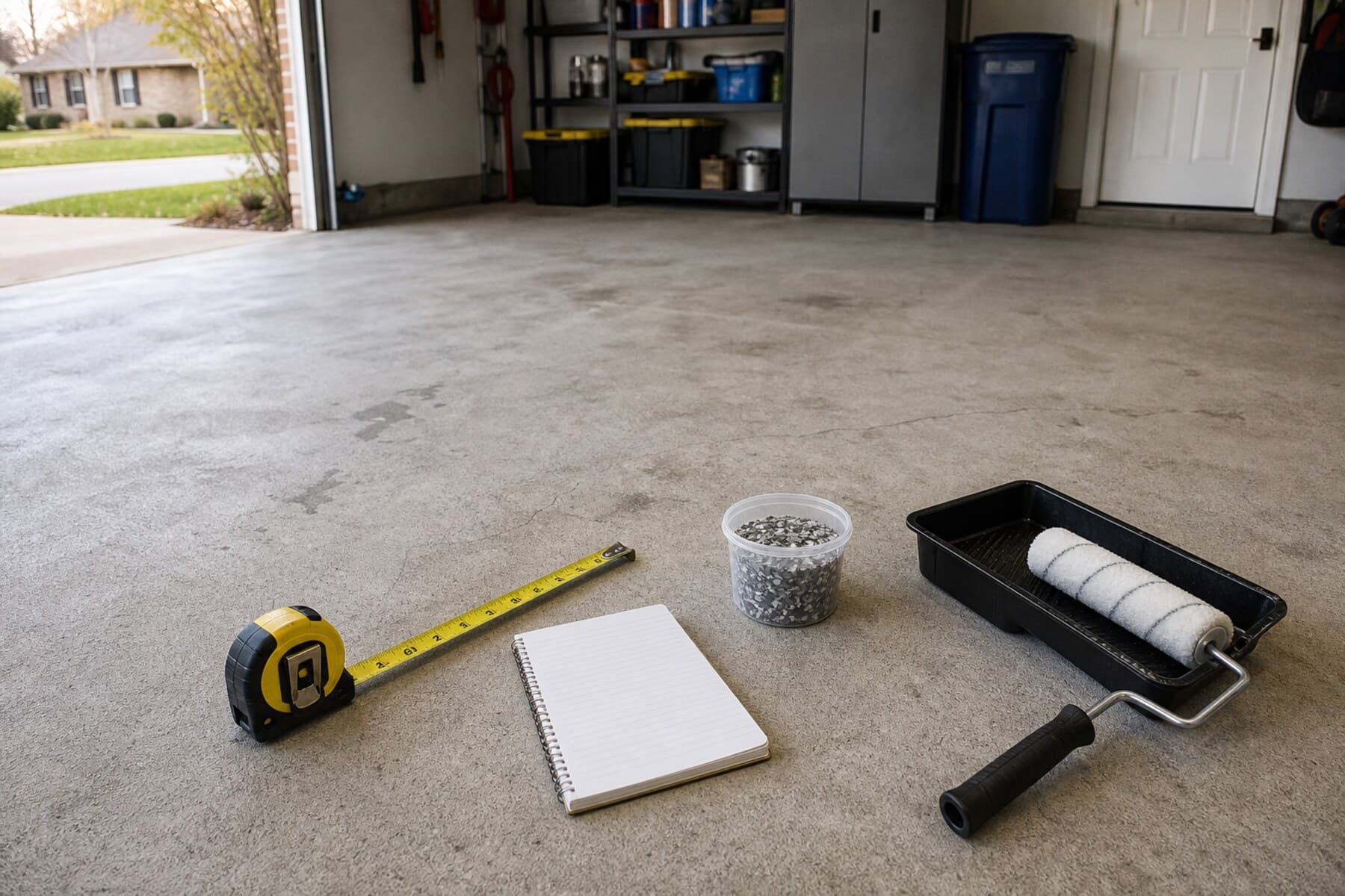 Garage floor coating quote request setup with measuring tape and prepared garage concrete Garage floor coating quote request setup with measuring tape and prepared garage concrete