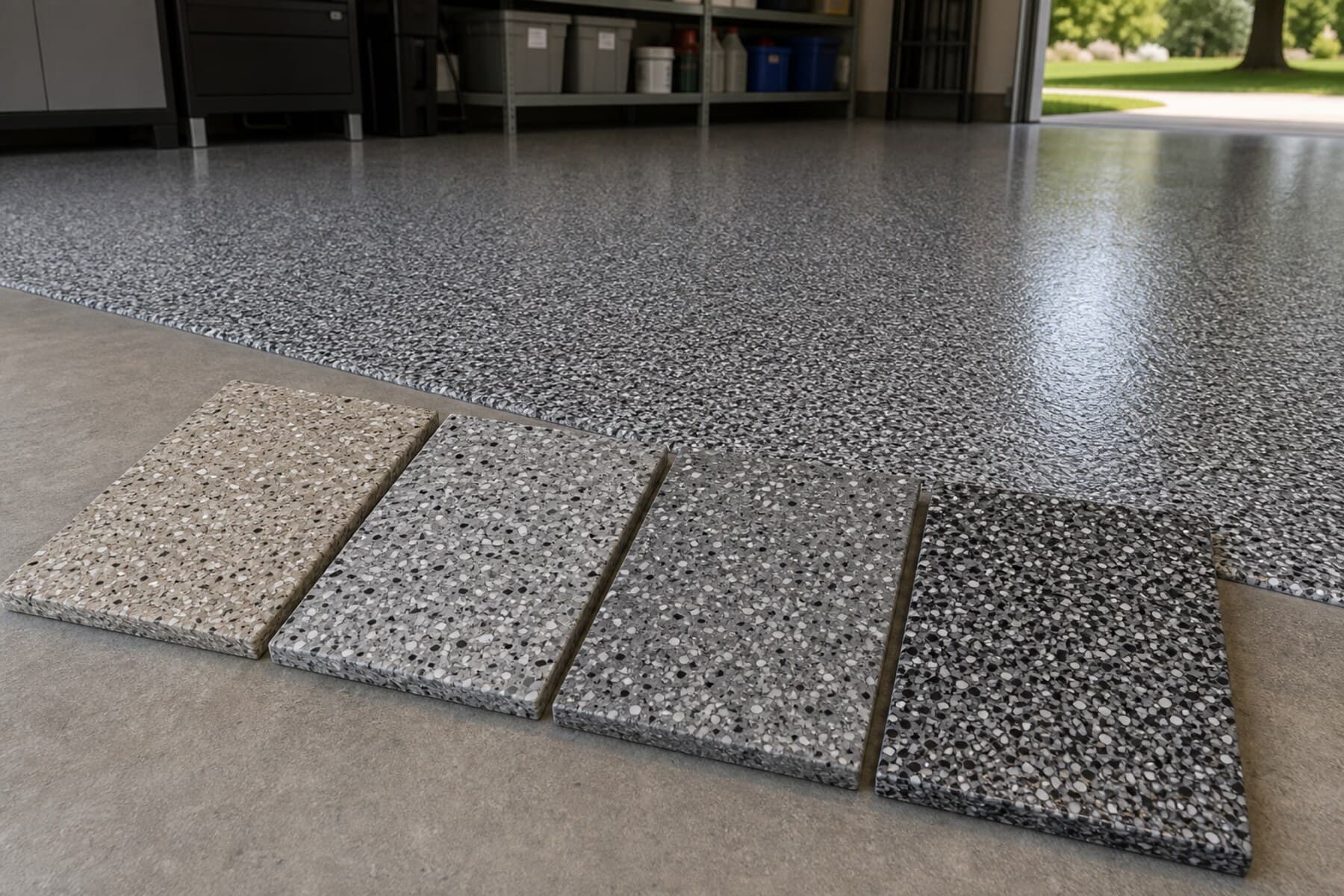 Garage floor coating gallery samples with realistic gray flake floor finishes Garage floor coating gallery samples with realistic gray flake floor finishes