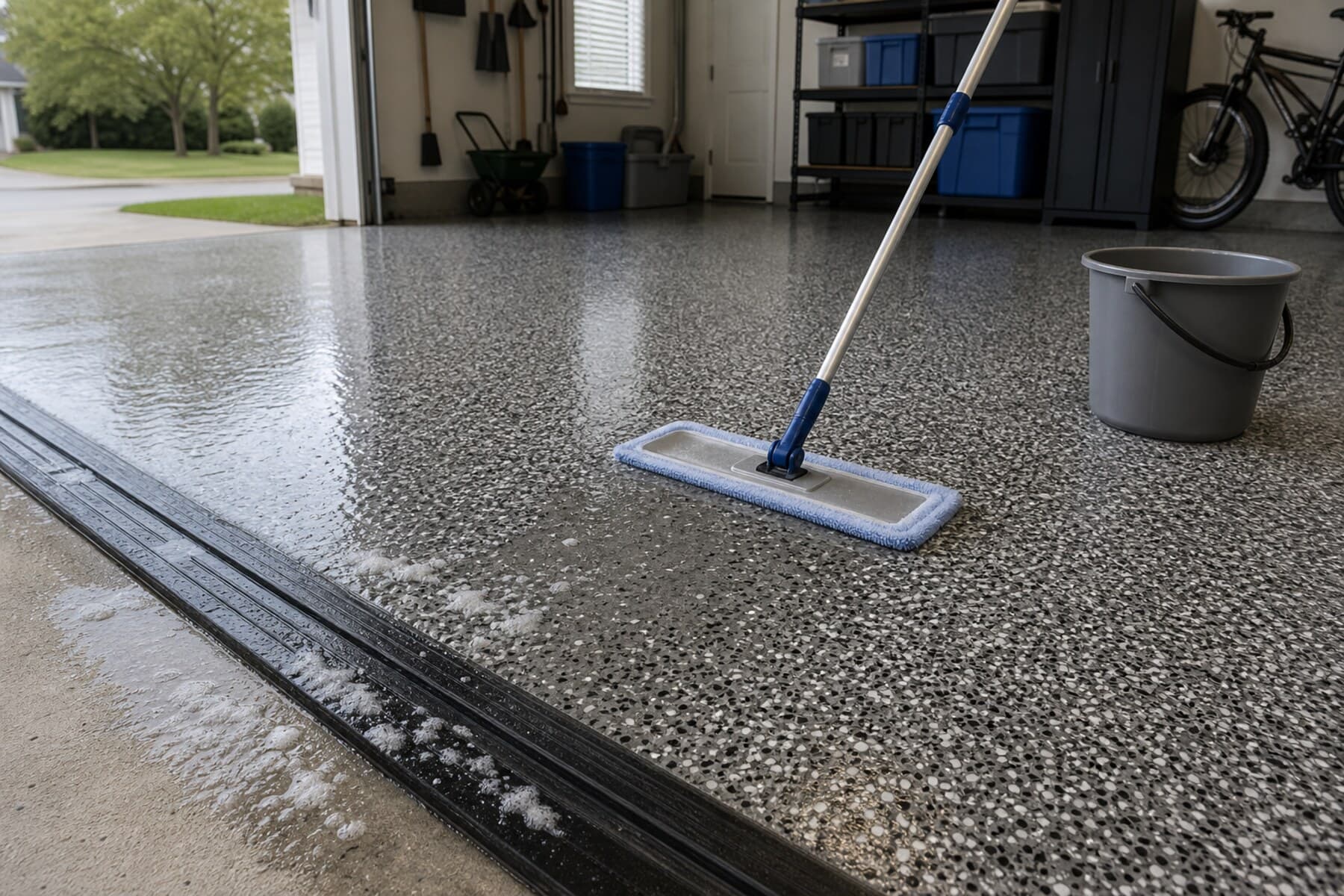 Coated decorative flake garage floor being cleaned with a microfiber mop Coated decorative flake garage floor being cleaned with a microfiber mop