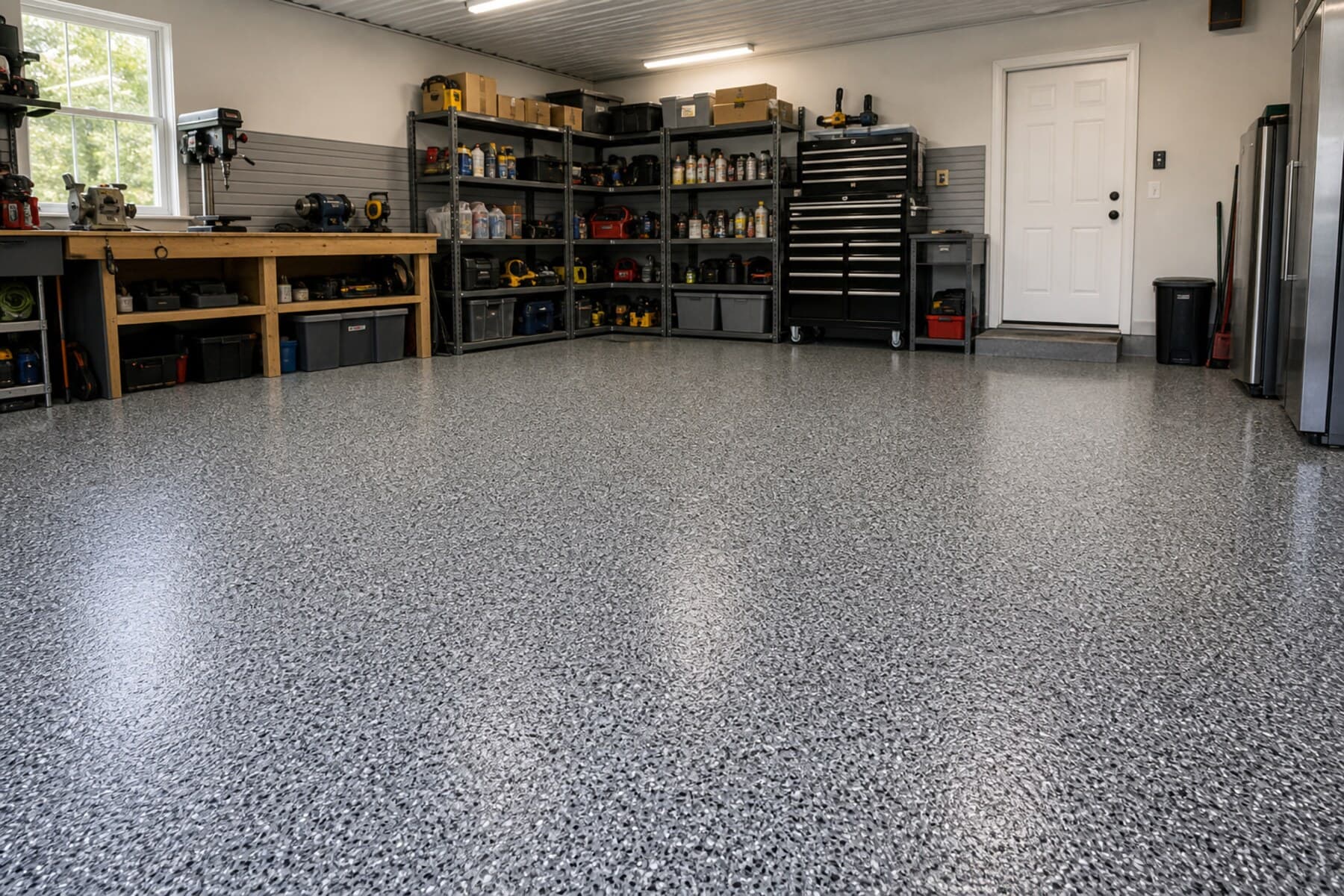 Durable gray flake floor coating in a Cedar Rapids garage shop bay Durable gray flake floor coating in a Cedar Rapids garage shop bay