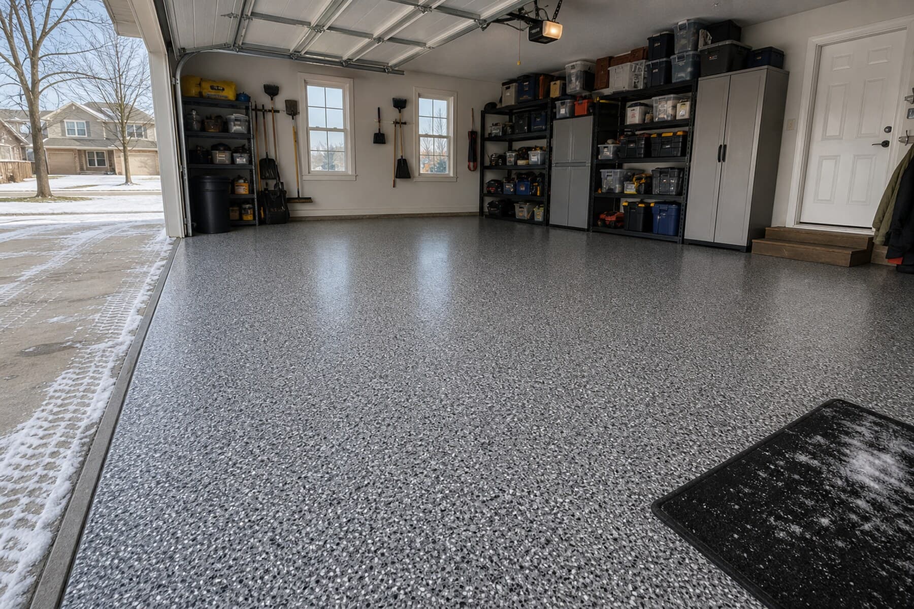 Finished flake garage floor coating in an established Coralville attached garage Finished flake garage floor coating in an established Coralville attached garage