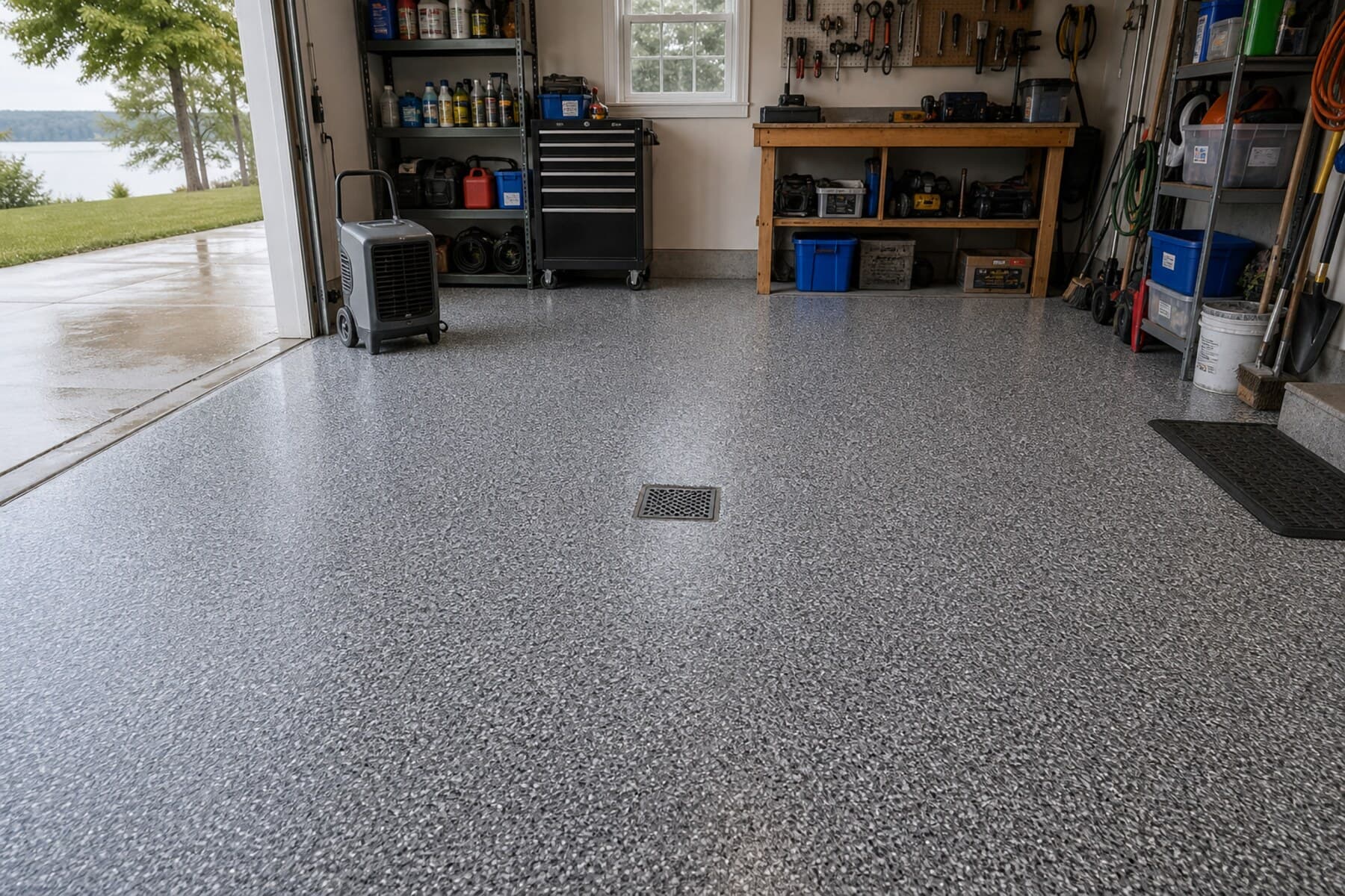 Clean coated flake garage floor in a Muscatine garage or shop space Clean coated flake garage floor in a Muscatine garage or shop space