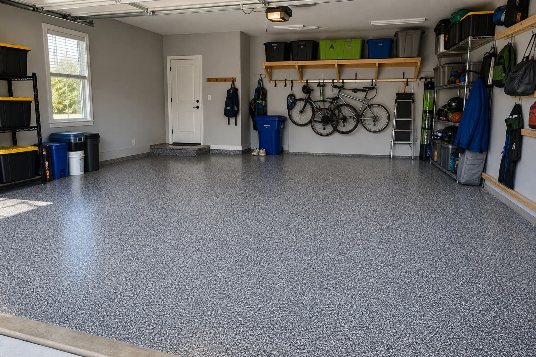 Finished flake garage floor coating in a newer North Liberty home garage Finished flake garage floor coating in a newer North Liberty home garage