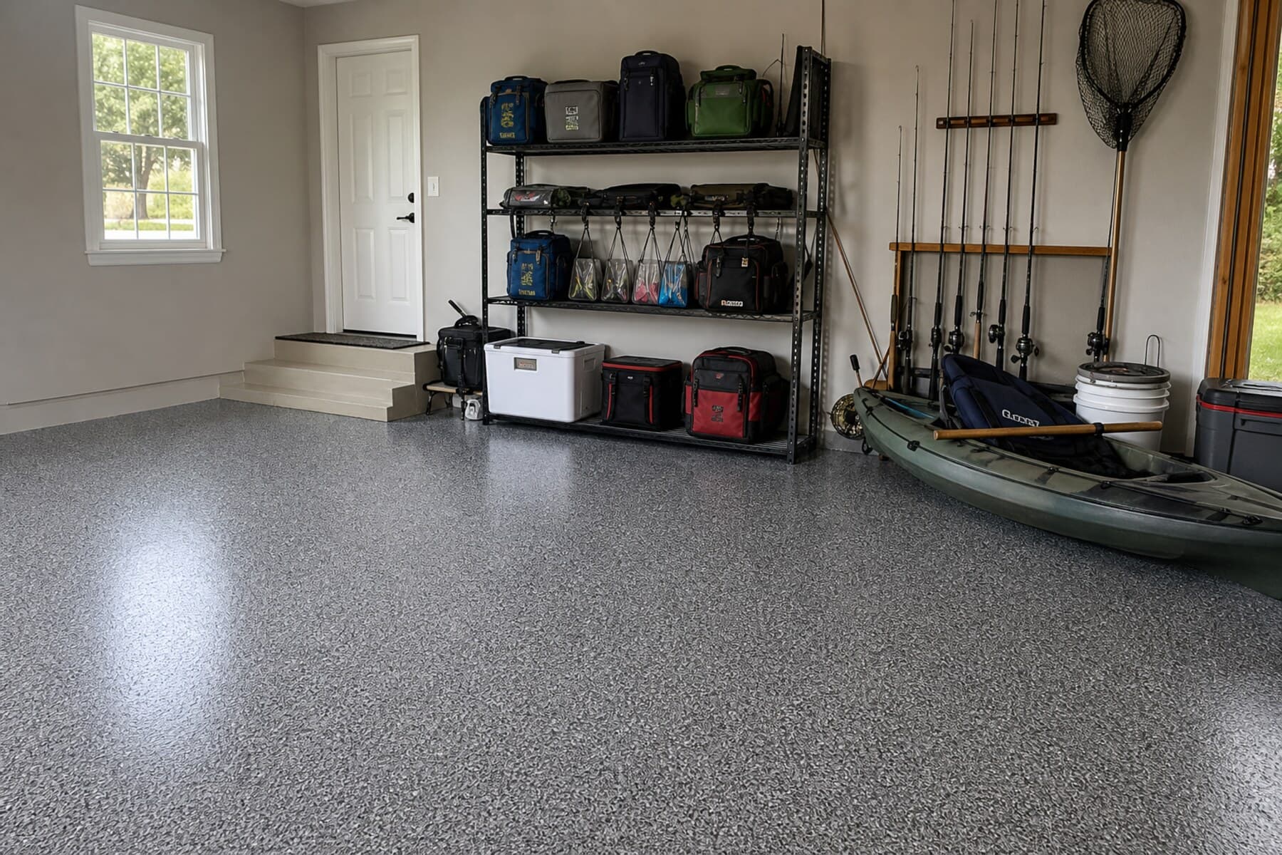 Finished flake floor coating in a Solon residential garage utility space Finished flake floor coating in a Solon residential garage utility space