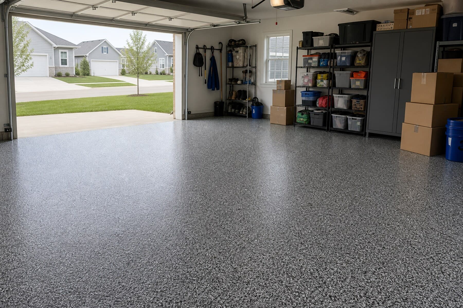 Finished gray flake garage floor in a newer Tiffin construction garage Finished gray flake garage floor in a newer Tiffin construction garage