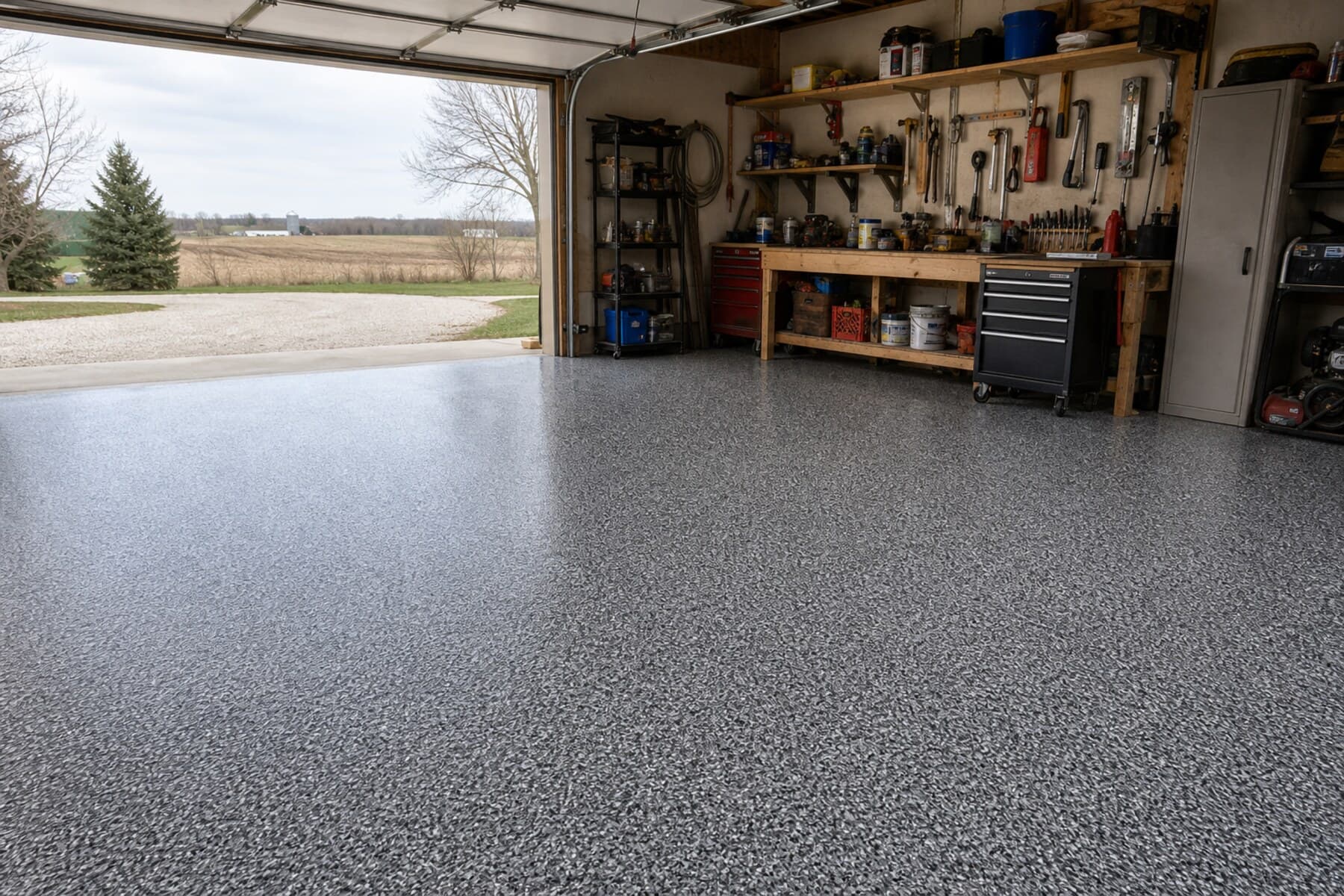 Gray flake floor coating in a Washington Iowa detached garage shop Gray flake floor coating in a Washington Iowa detached garage shop