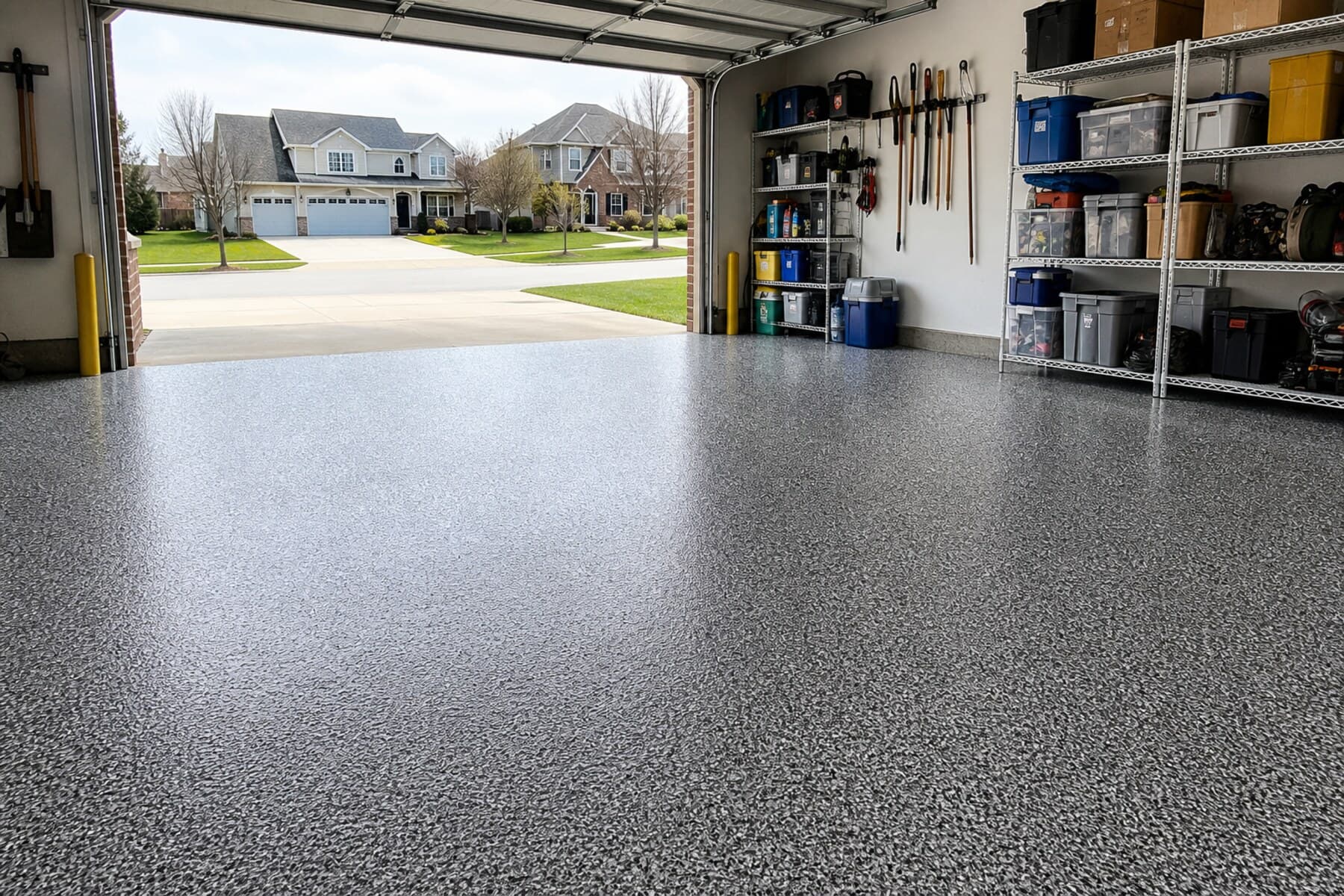 Finished gray decorative flake garage floor coating in an Iowa City garage Finished gray decorative flake garage floor coating in an Iowa City garage
