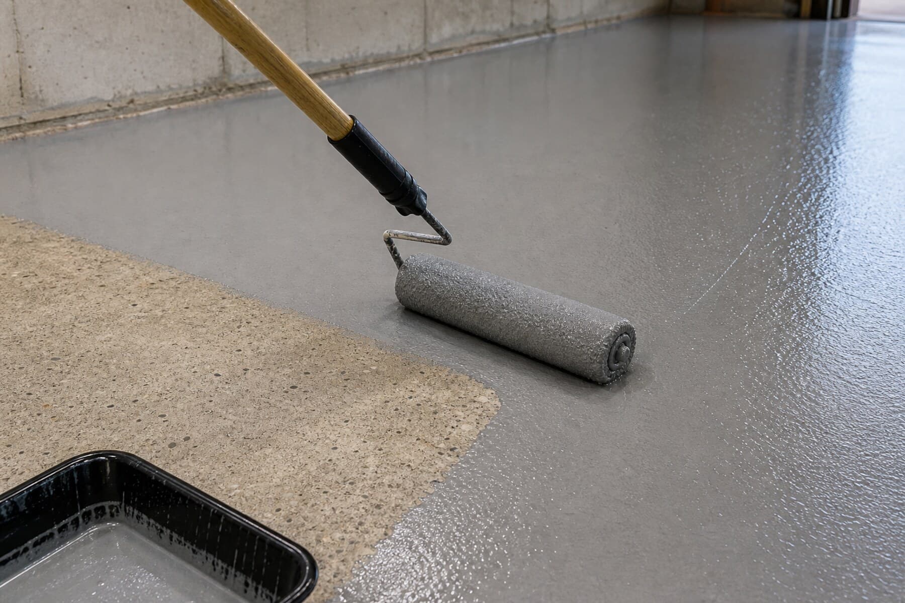 Polyurea and polyaspartic coating being rolled onto prepared garage concrete Polyurea and polyaspartic coating being rolled onto prepared garage concrete